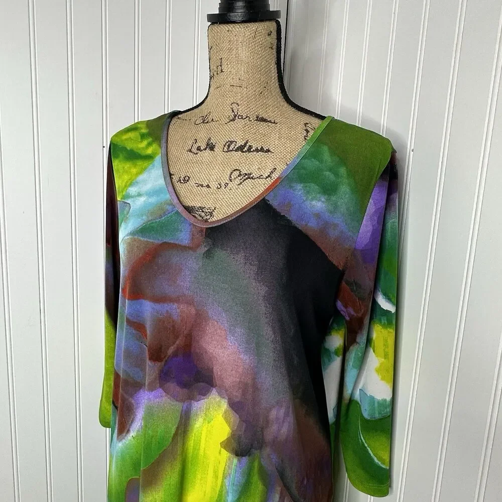 Clara Sun Woo Tunic Top Women Sz L Abstract Watercolor Art To Wear Artsy Shirt - Picture 2 of 10